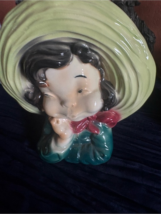 Royal Copley Other - Whimsical Ceramic Girl Planter in Green with Yellow Hat and Pink Bow